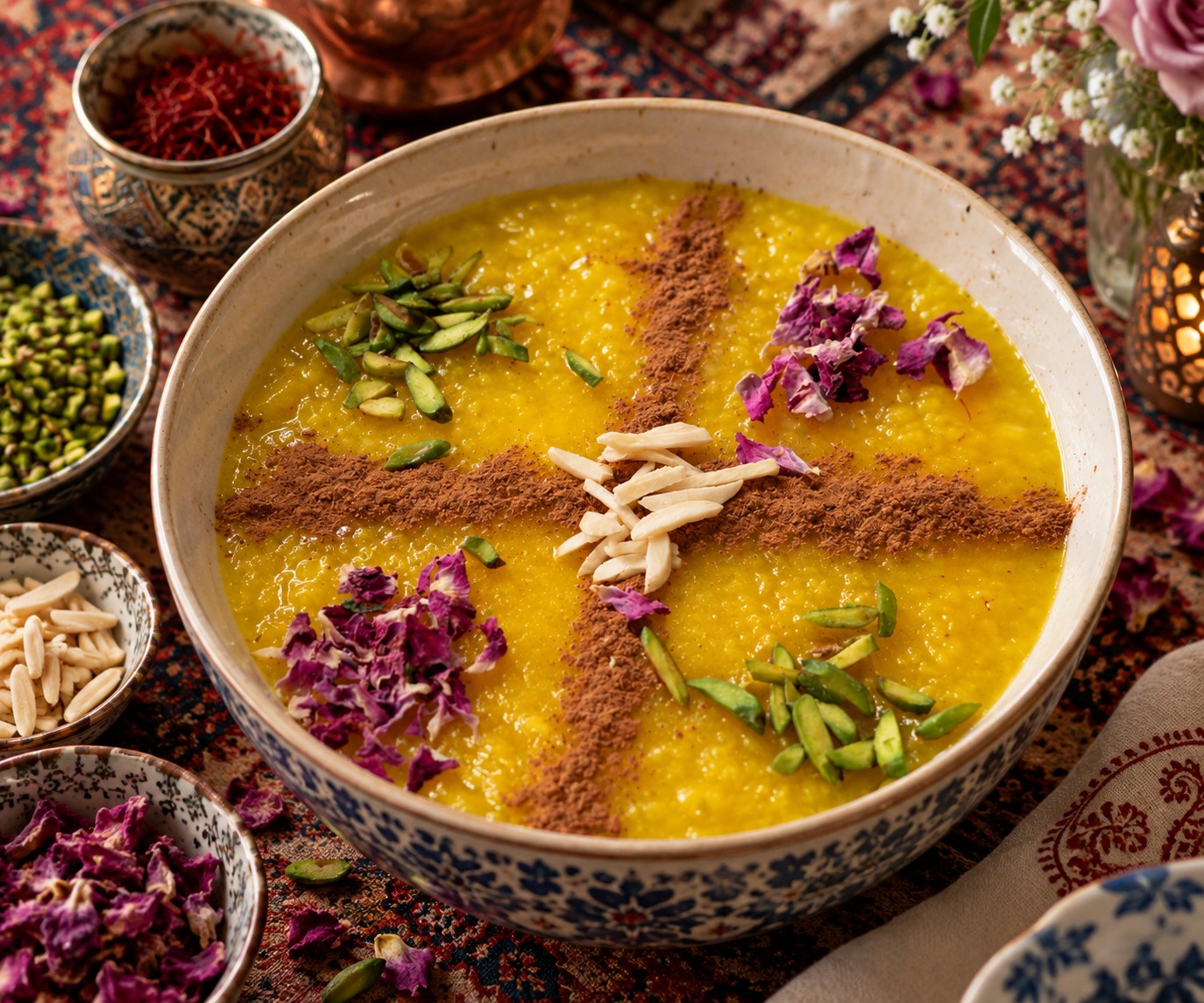Bowls of sholeh zard decorated with cinnamon and nuts