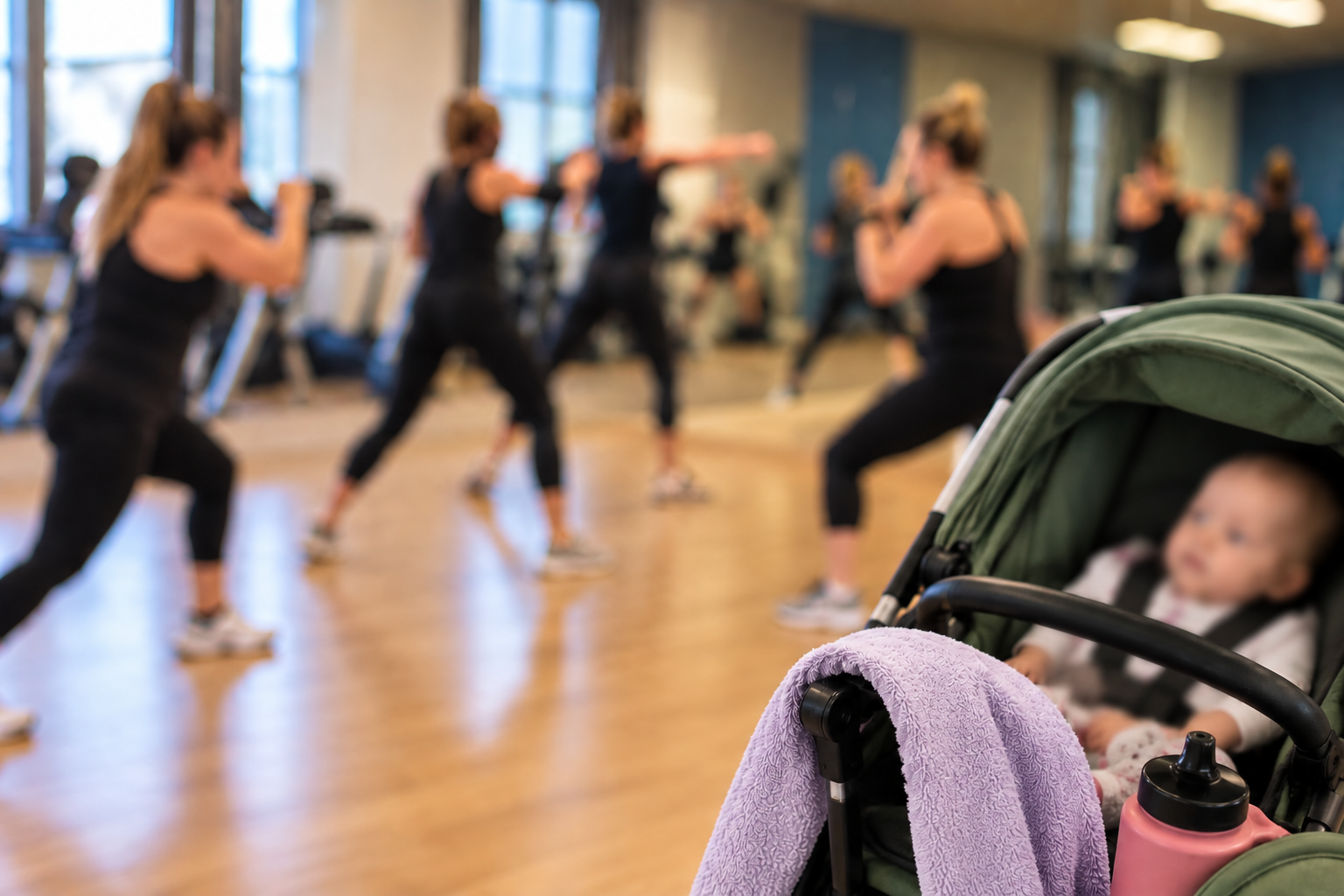 Baby in a green pushchair beside a blurred Body Combat class during a postpartum fitness session.