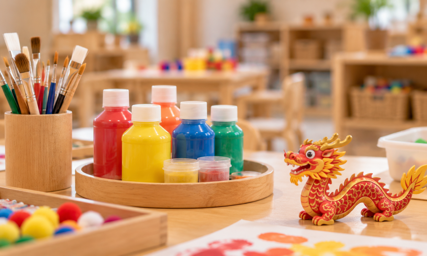Paint pots and a Chinese dragon on a table in a Mandarin bilingual nursery