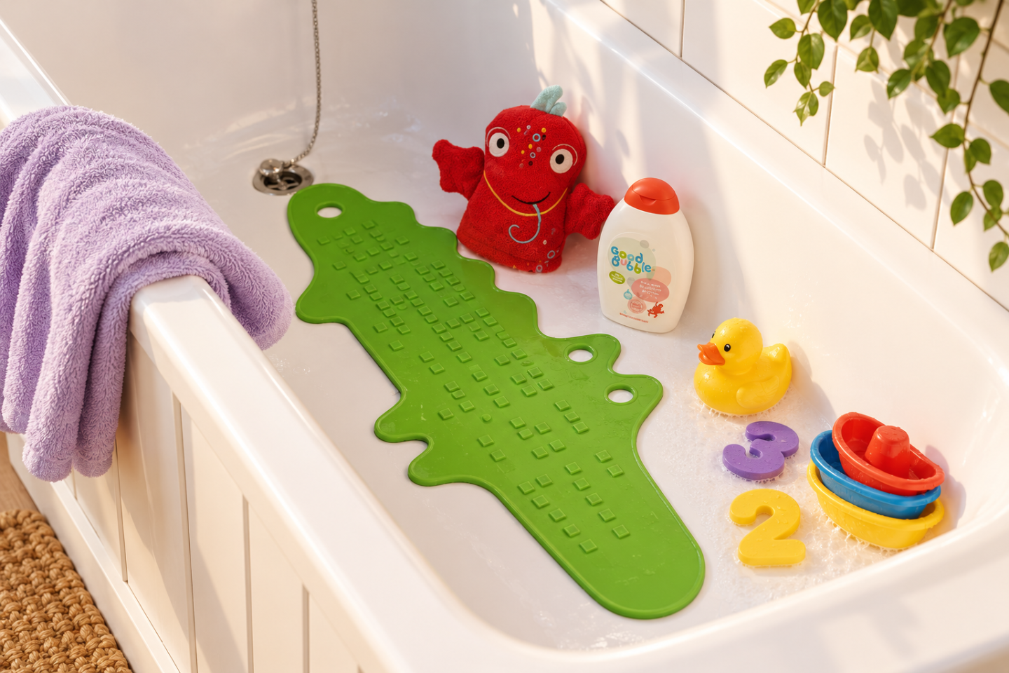 Good Bubble children's bath products beside bubbles and a lilac towel in a bright family bathroom