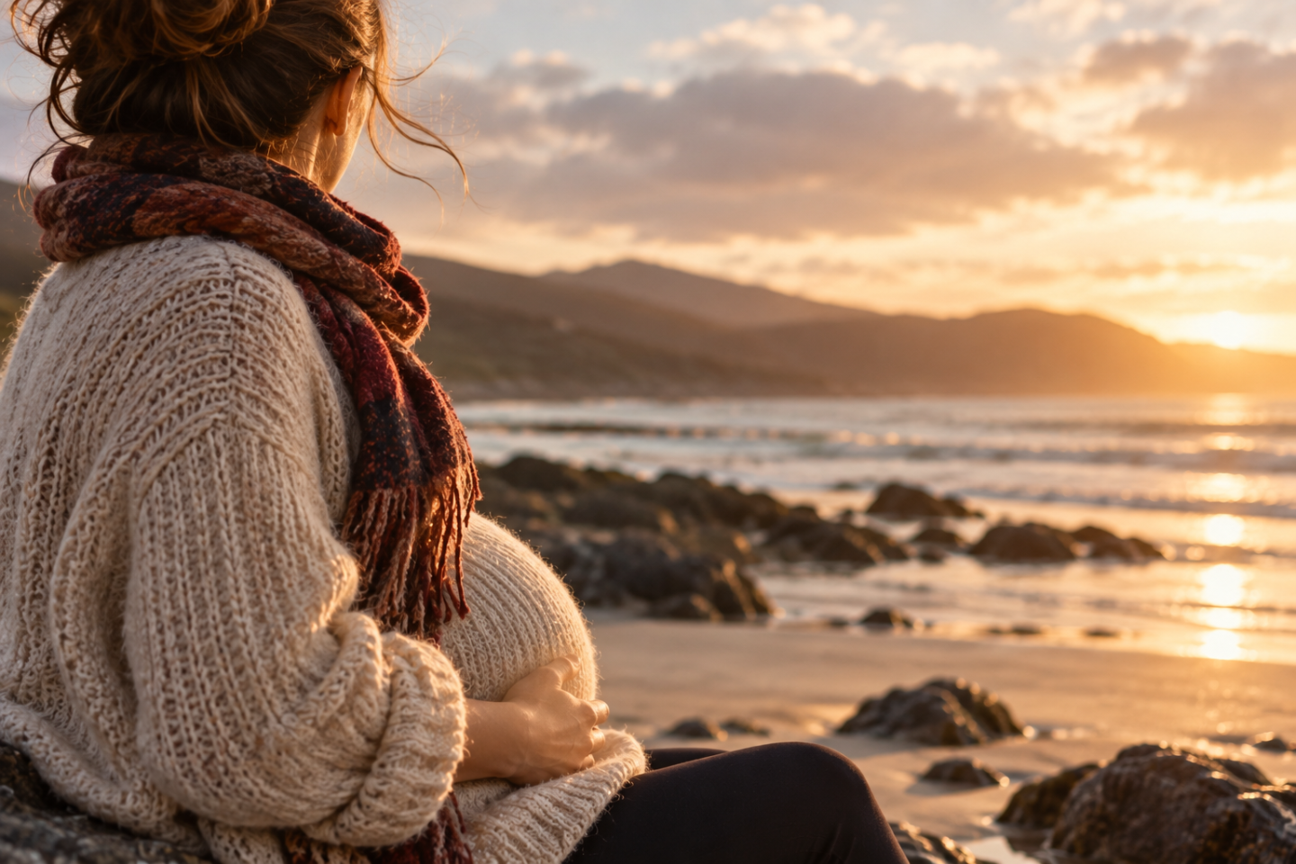 Pregnant woman sitting on a rocky beach at sunset, cradling her bump and looking out to sea.