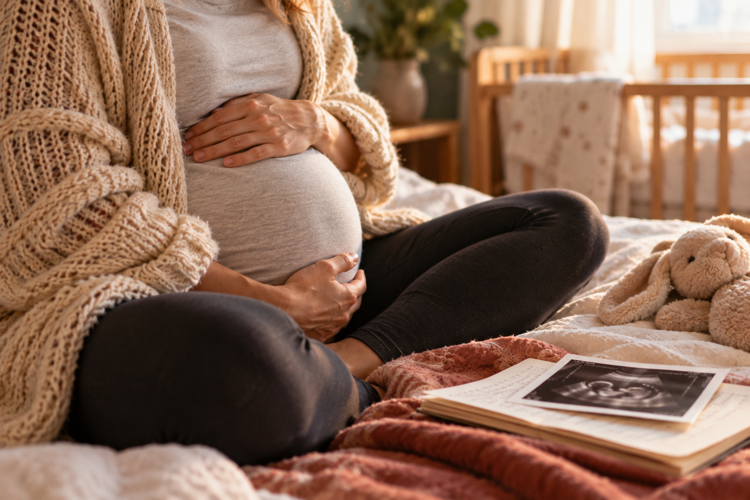 Pregnant woman cradling her bump beside an ultrasound scan and baby toy in a softly lit nursery.