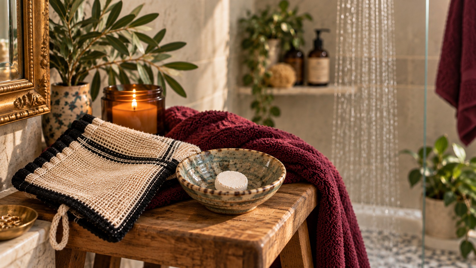 A bowl containing sefidab next to a shower