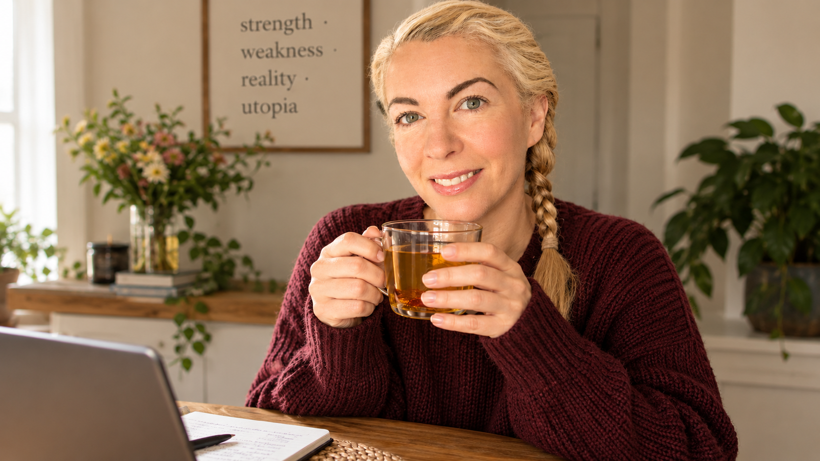 Saffron drinking saffron tea at her desk