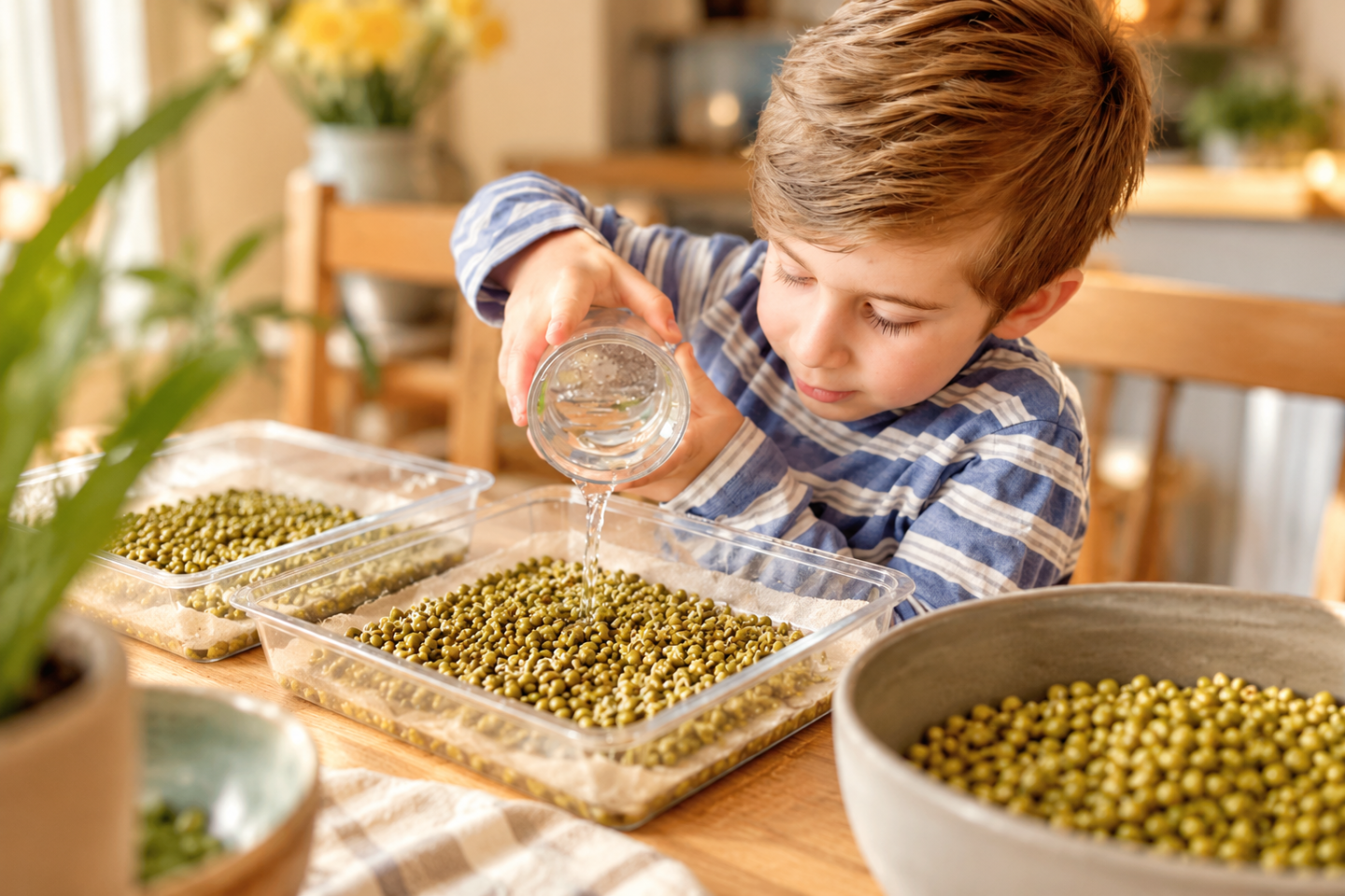 Cyrus carefully pouring water over mung beans in a clear tray while preparing sabzeh for Persian New Year.