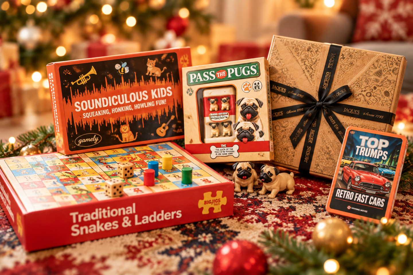 Five traditional family games for Christmas, including Snakes and Ladders, Soundiculous Kids, Pass the Pugs, Top Trumps and a Jaques gift box.