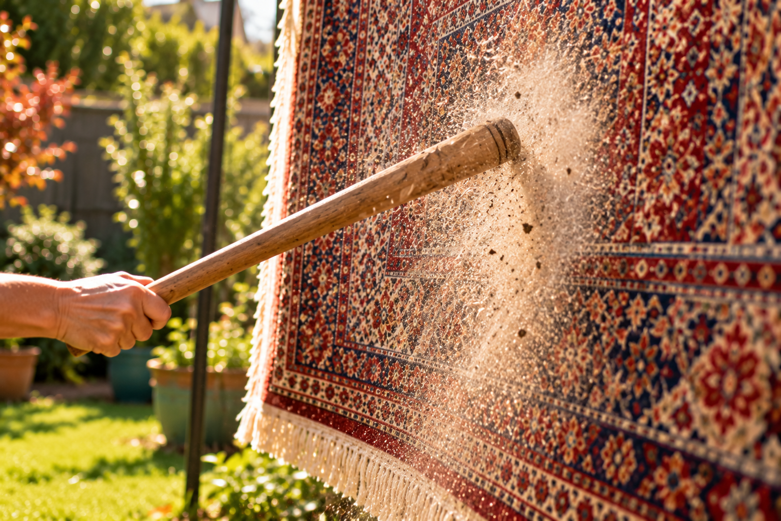 Golden dust rising from a Persian rug during traditional Nowruz spring cleaning