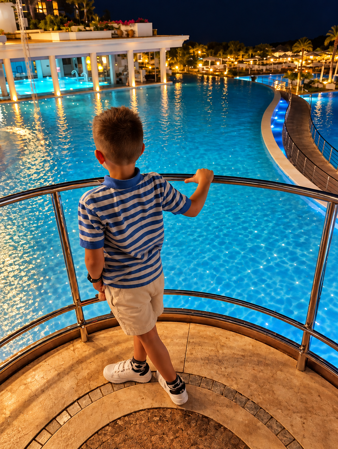 Cyrus looks onto the pools at Atrium hotel