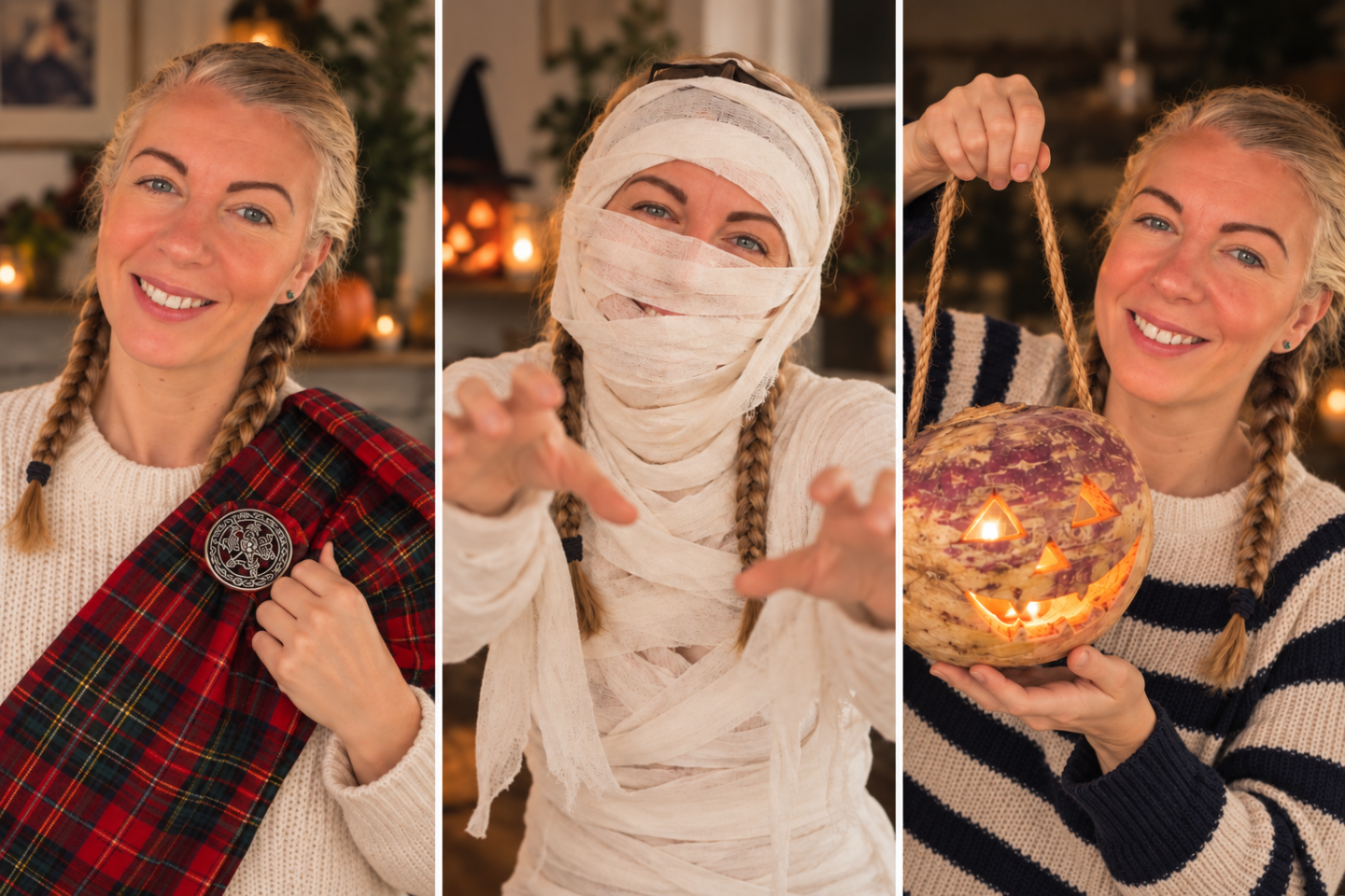 Saffron dresses up in a tartan sash, as a mummy and an image of her holding a turnip lantern