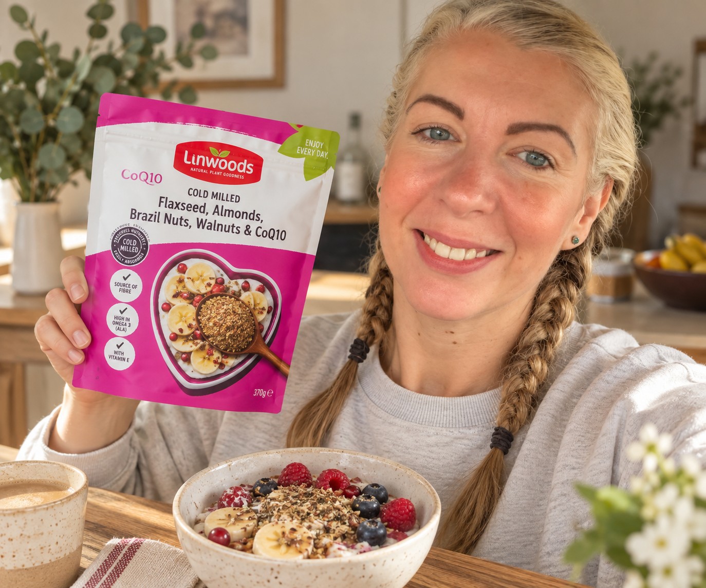 Saffron holds a Linwoods product she rates