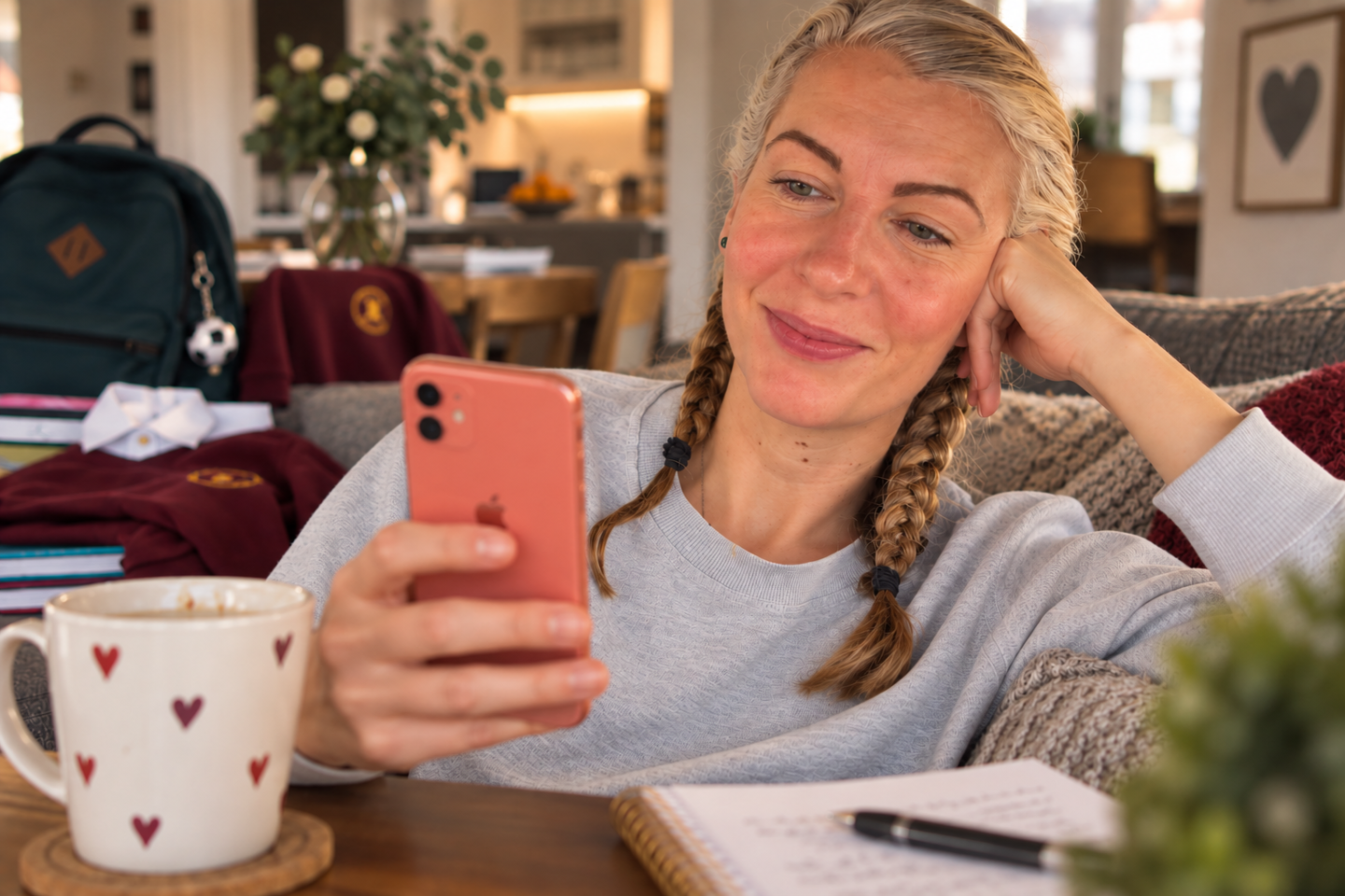 Saffron looks at her coral coloured iphone while sitting on her sofa