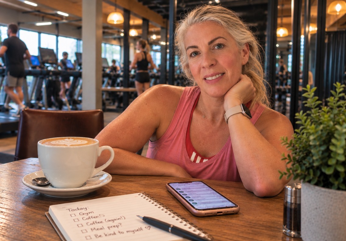 Saffron sitting in a gym café after a workout with a latte, water bottle, phone and notebook on the table, reflecting on midlife fatigue, energy and everyday spending.