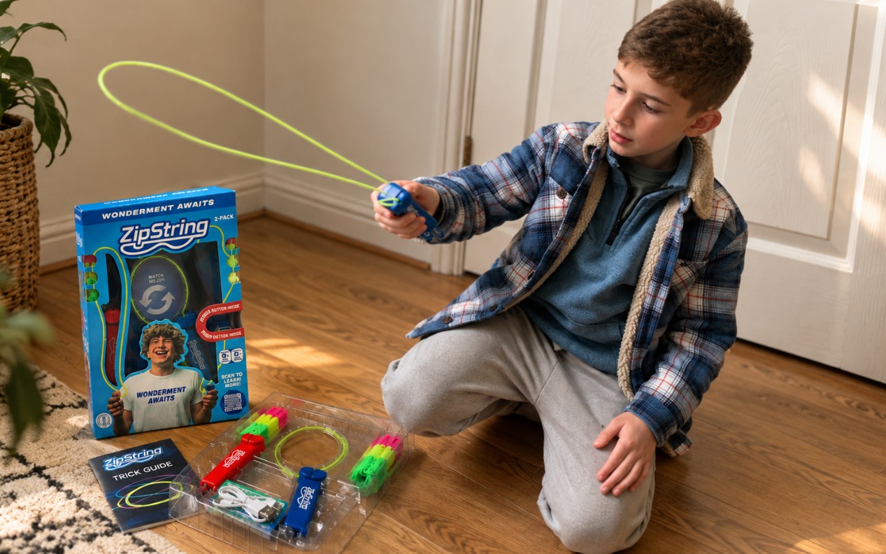 Cyrus plays with a green ZipString at home, with the colourful ZipString twin-pack, strings and accessories beside him.