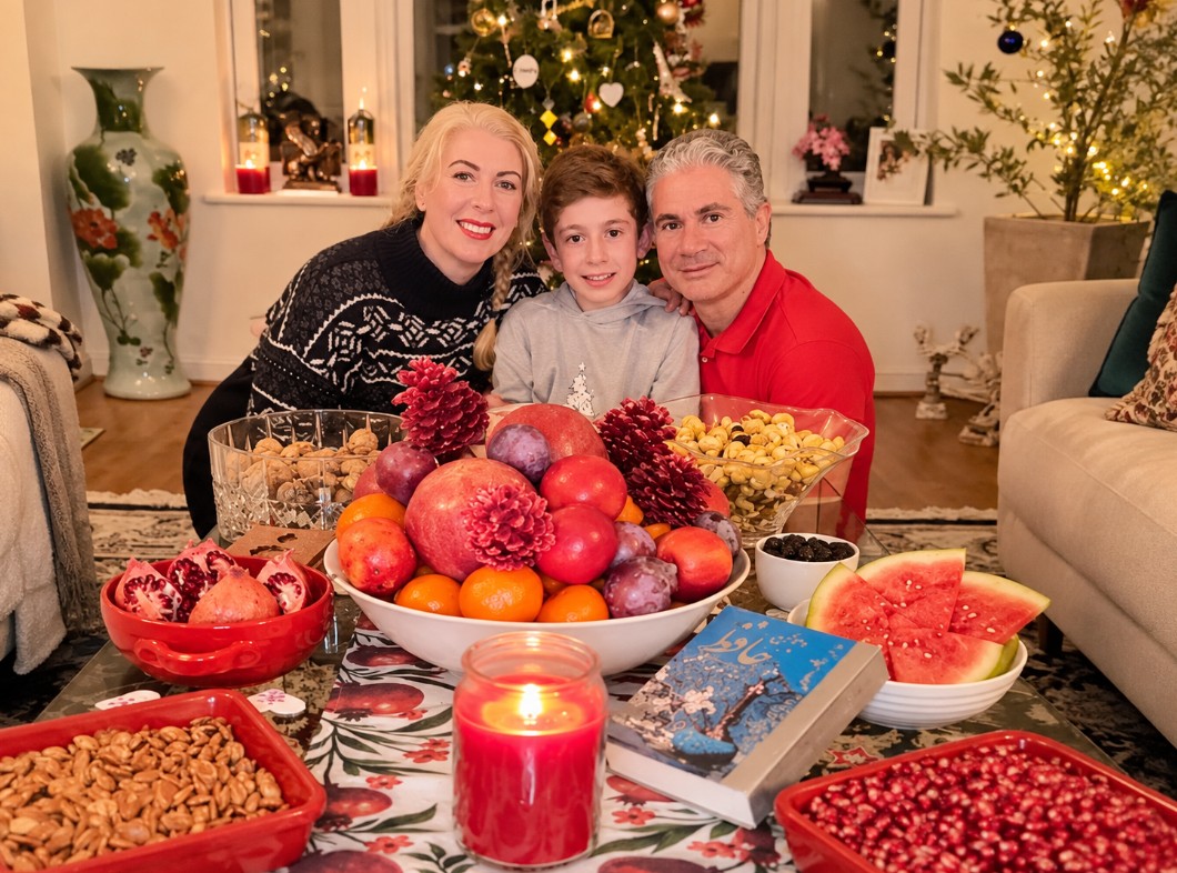 Saffron and her family celebrate Shab-e Yalda at home around a candlelit table filled with pomegranates, watermelon, nuts and Persian poetry.