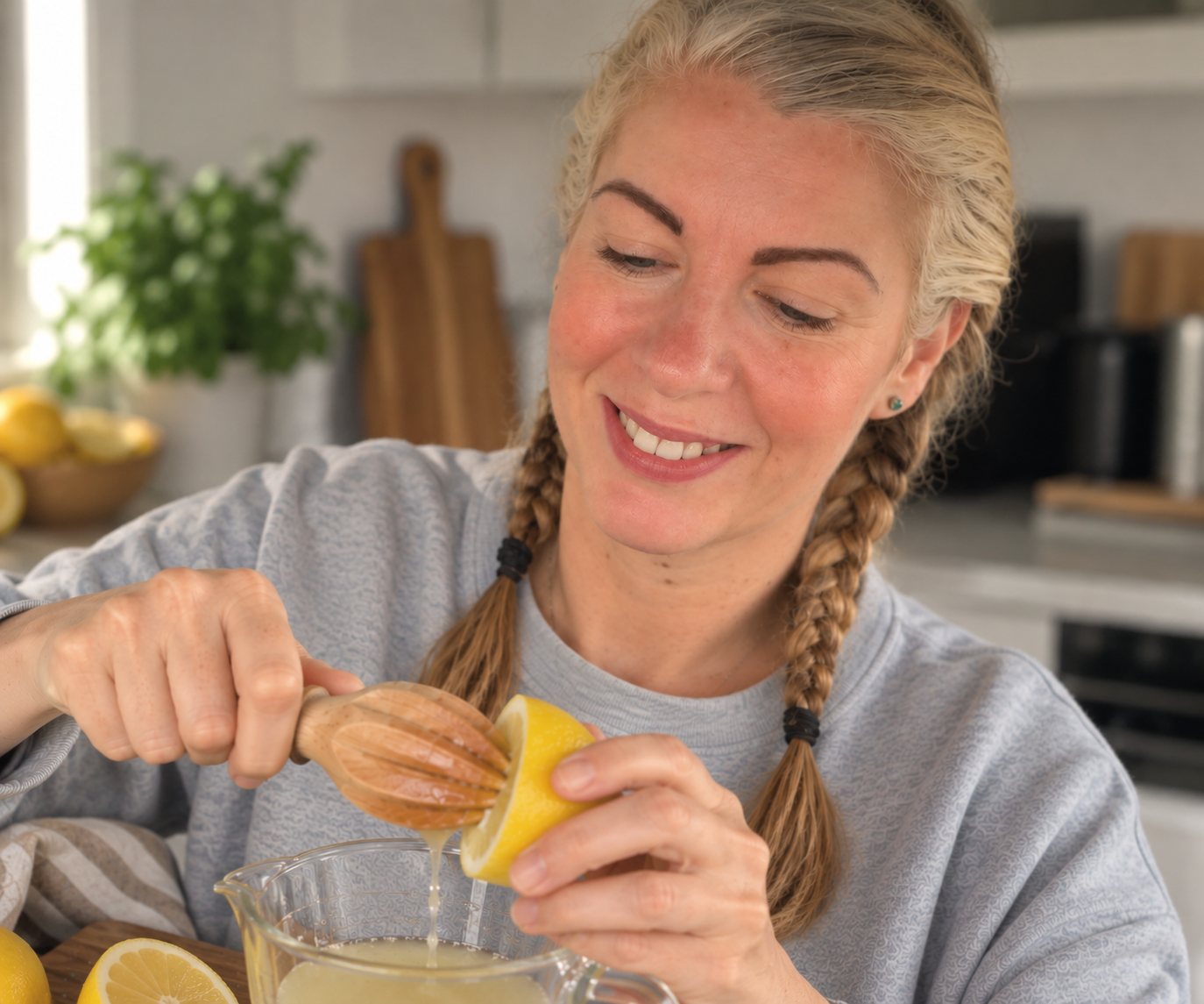Saffron juicing a lemon in her kitchen
