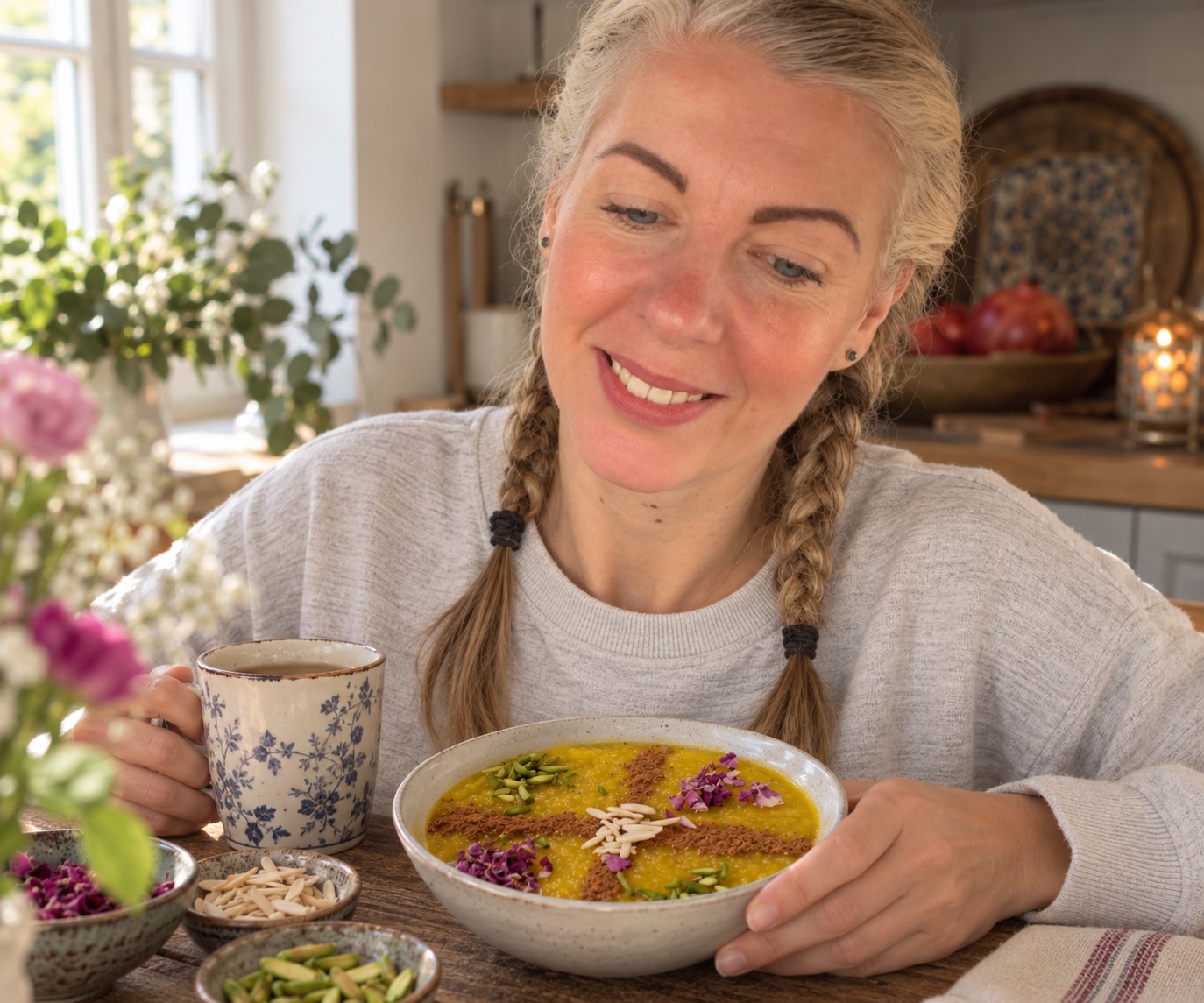 Saffron with a bowl of sholeh zard