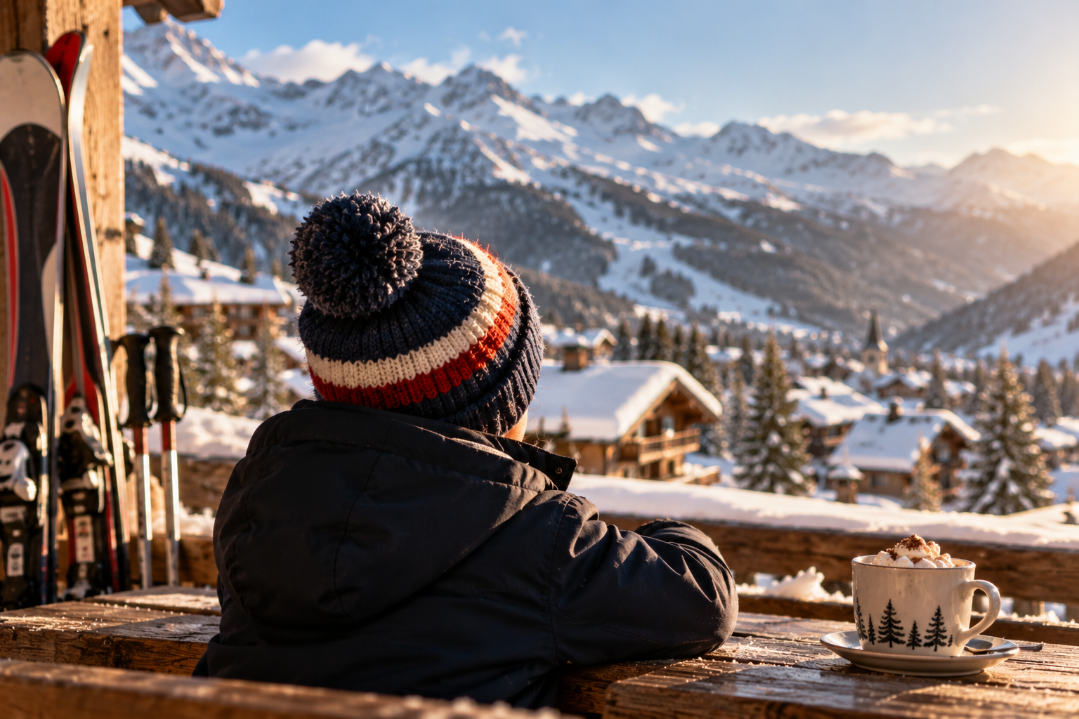 Child looking out over a snowy ski resort with skis and hot chocolate nearby.