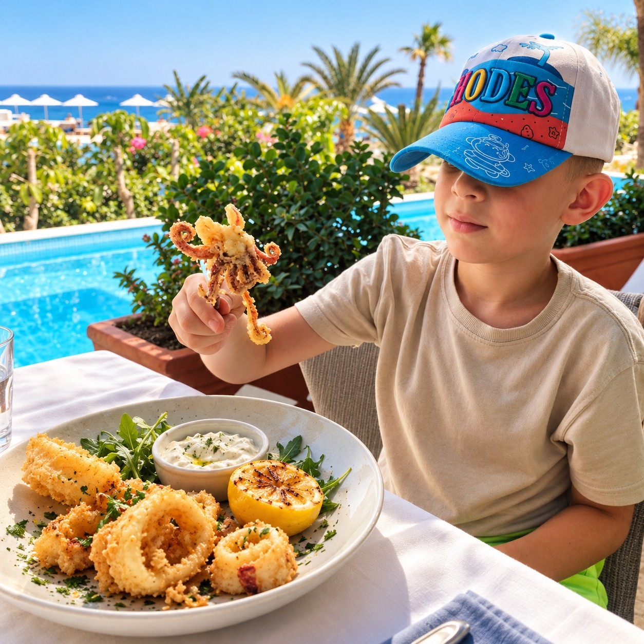 Cyrus with a plate of squid