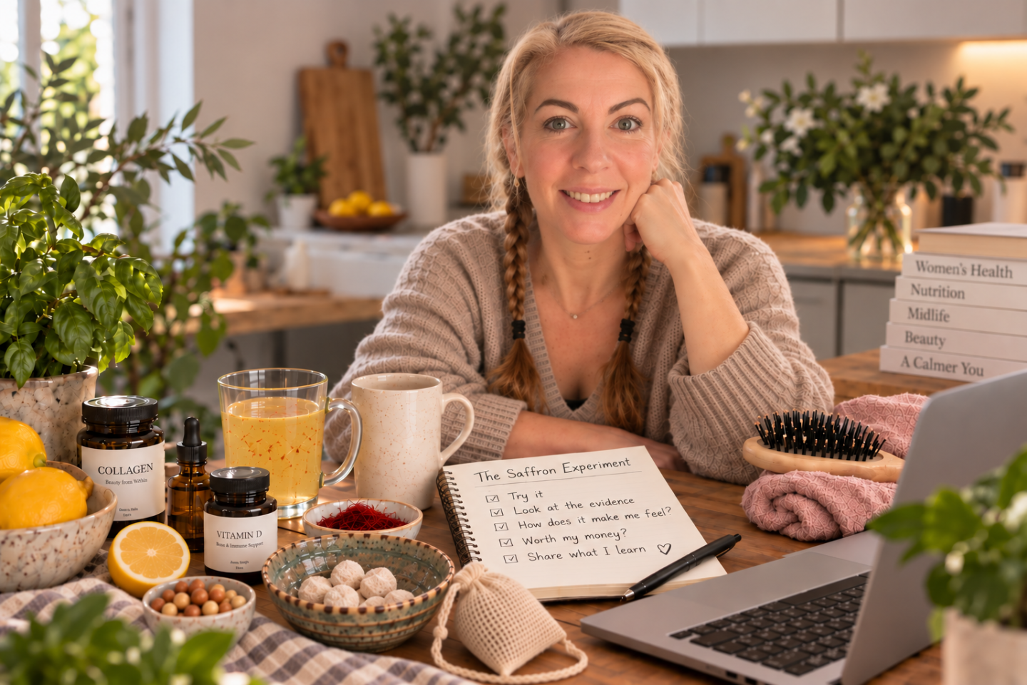 Saffron in her kitchen surrounded by things she is testing