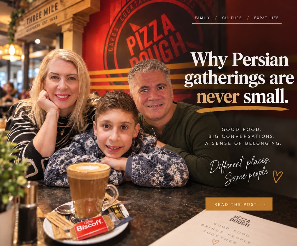 Saffron, Cyrus and H together at Pizza Dough in Newcastle, sharing coffee during a Persian community gathering.