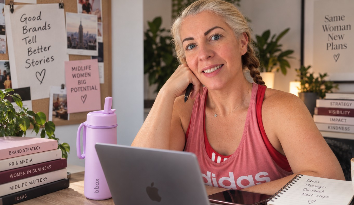 Saffron in her gym kit in front of her laptop