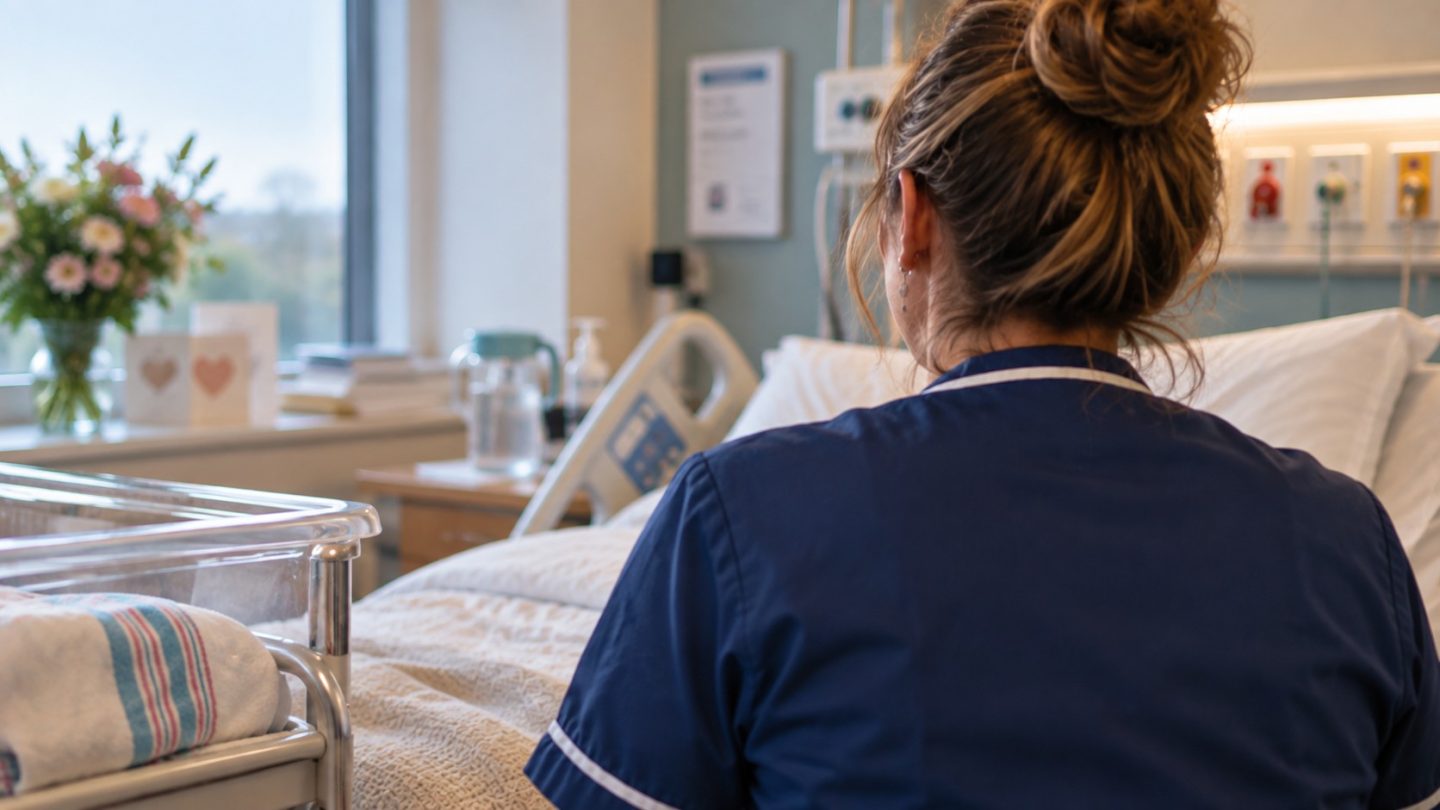 Midwife caring for a woman on a postnatal hospital ward