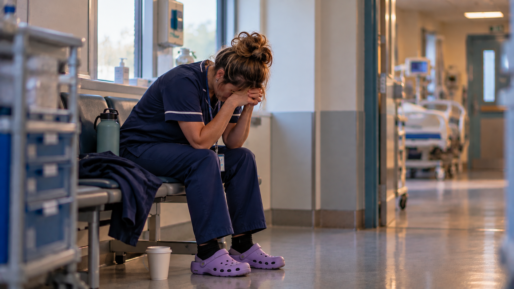 A tired midwife reflecting on the pressures of maternity care