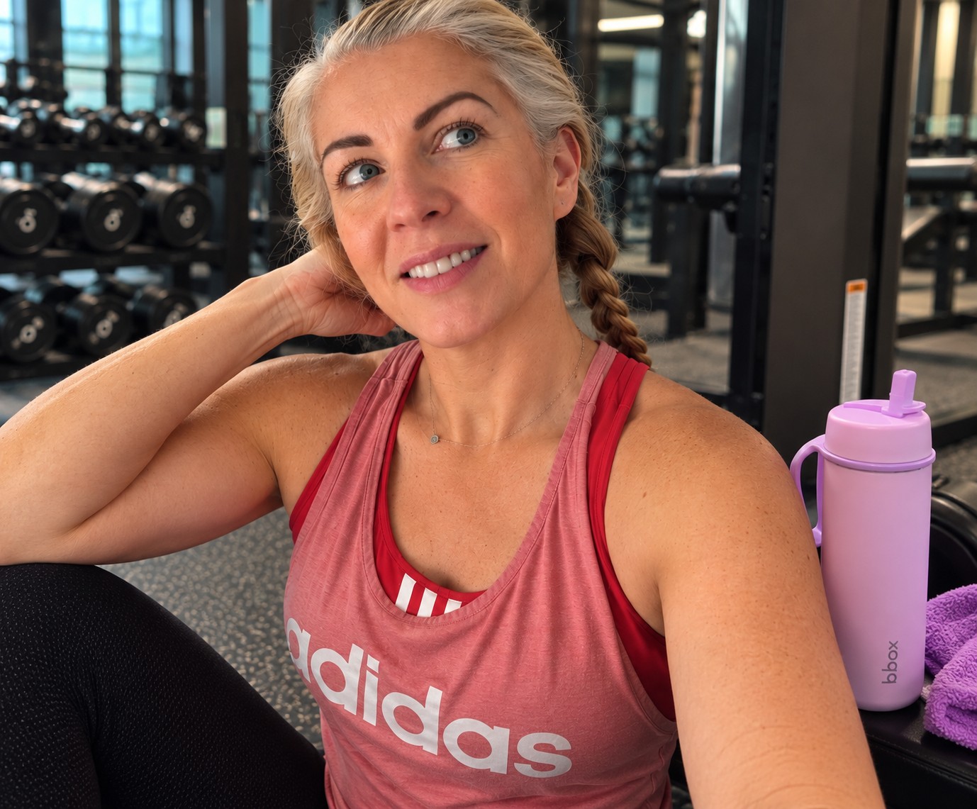 Woman in midlife wearing plaits at the gym