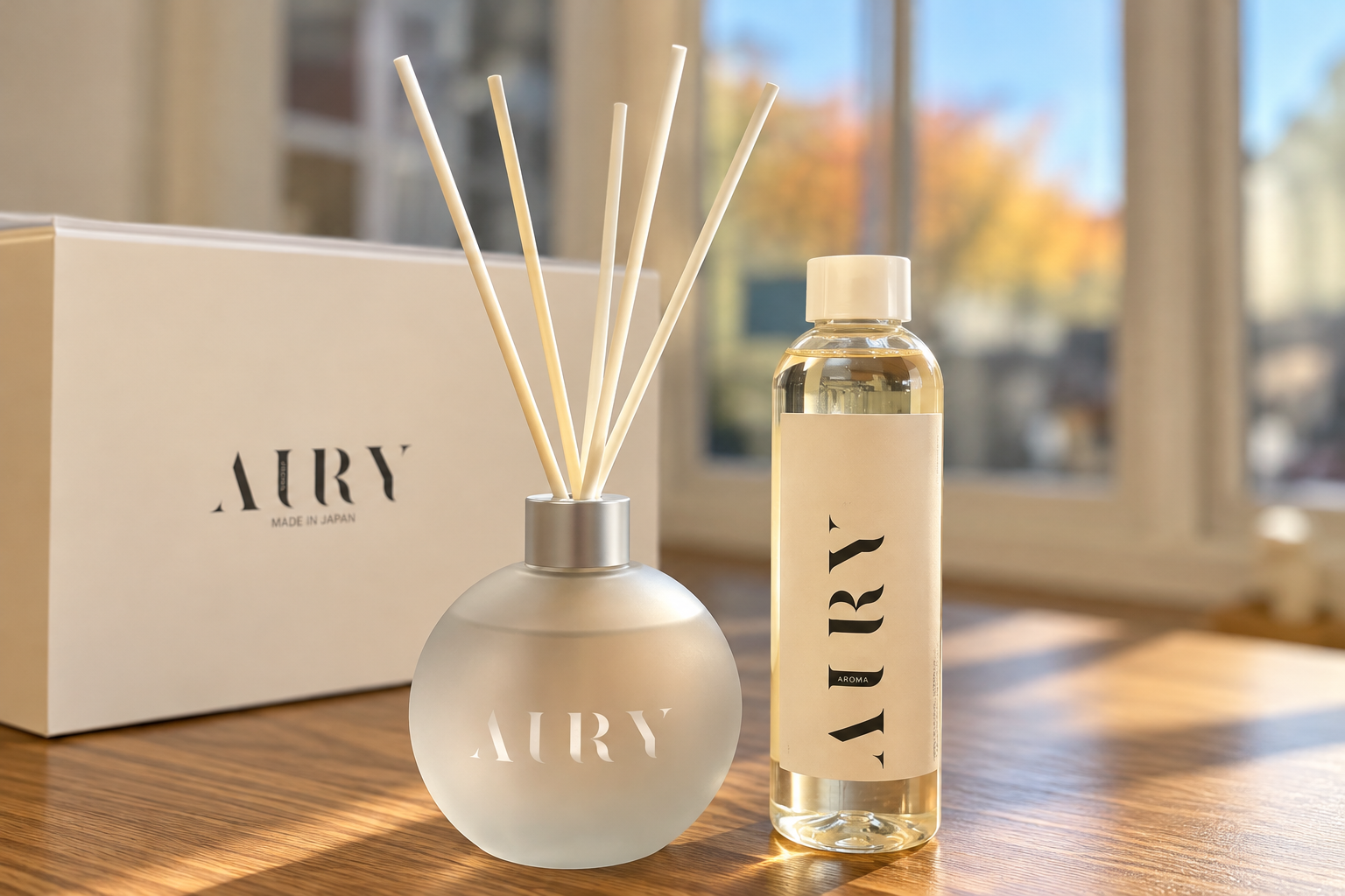 AIRY Forest Breath reed diffuser photographed in warm autumn light