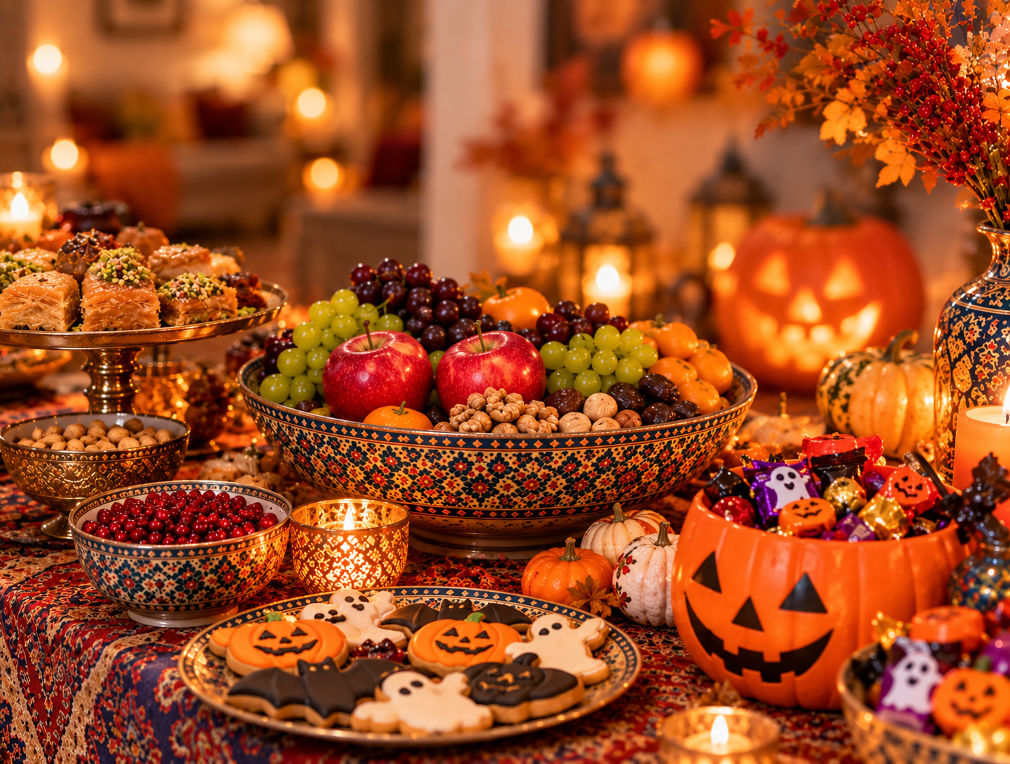 Persian-style spread of fruit, nuts and traditional snacks arranged for a Halloween celebration