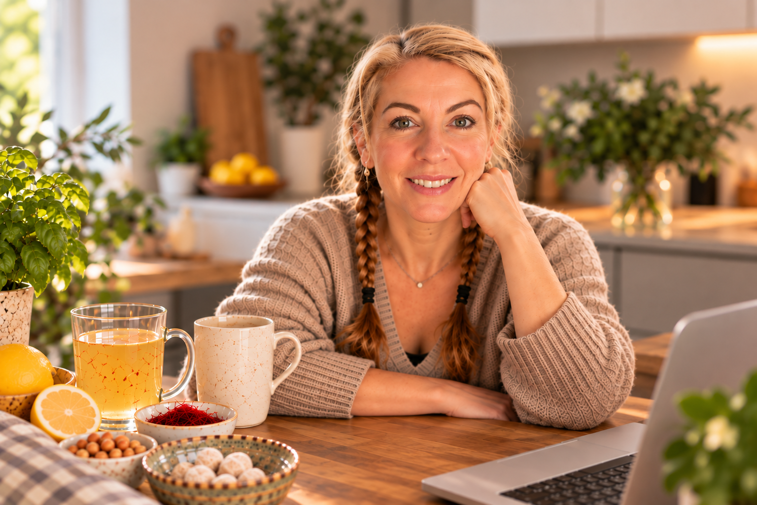 Saffron smiling at her kitchen table in a warmly lit kitchen