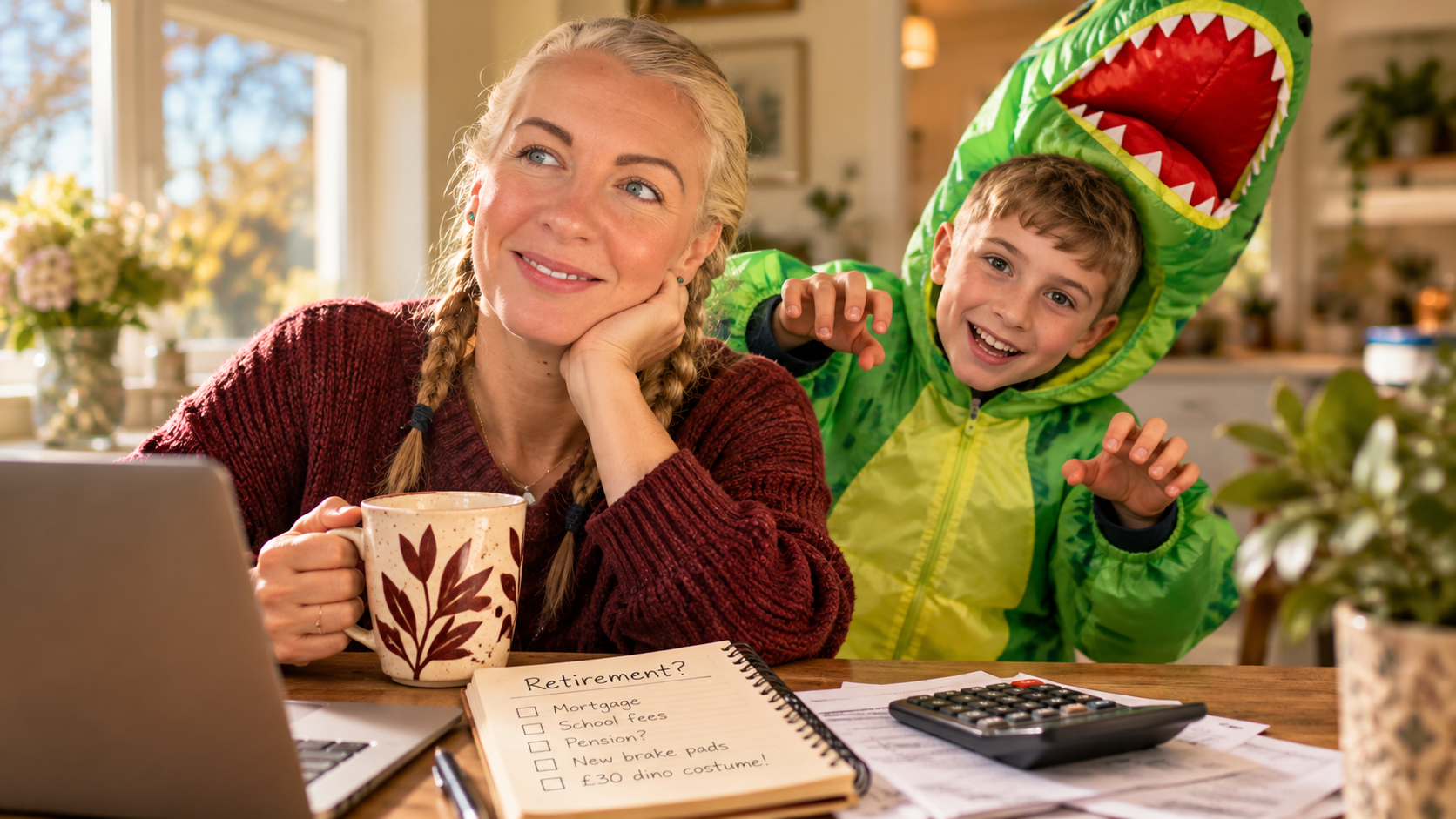 Saffron planning family finances while Cyrus enjoys his dinosaur costume