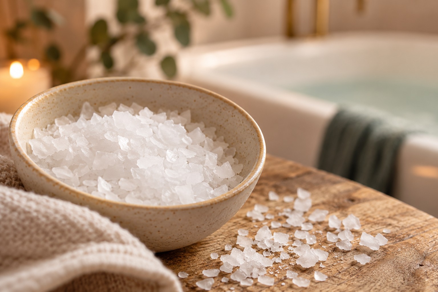 Close-up of white magnesium bath salt crystals in a ceramic bowl beside a warm bath.