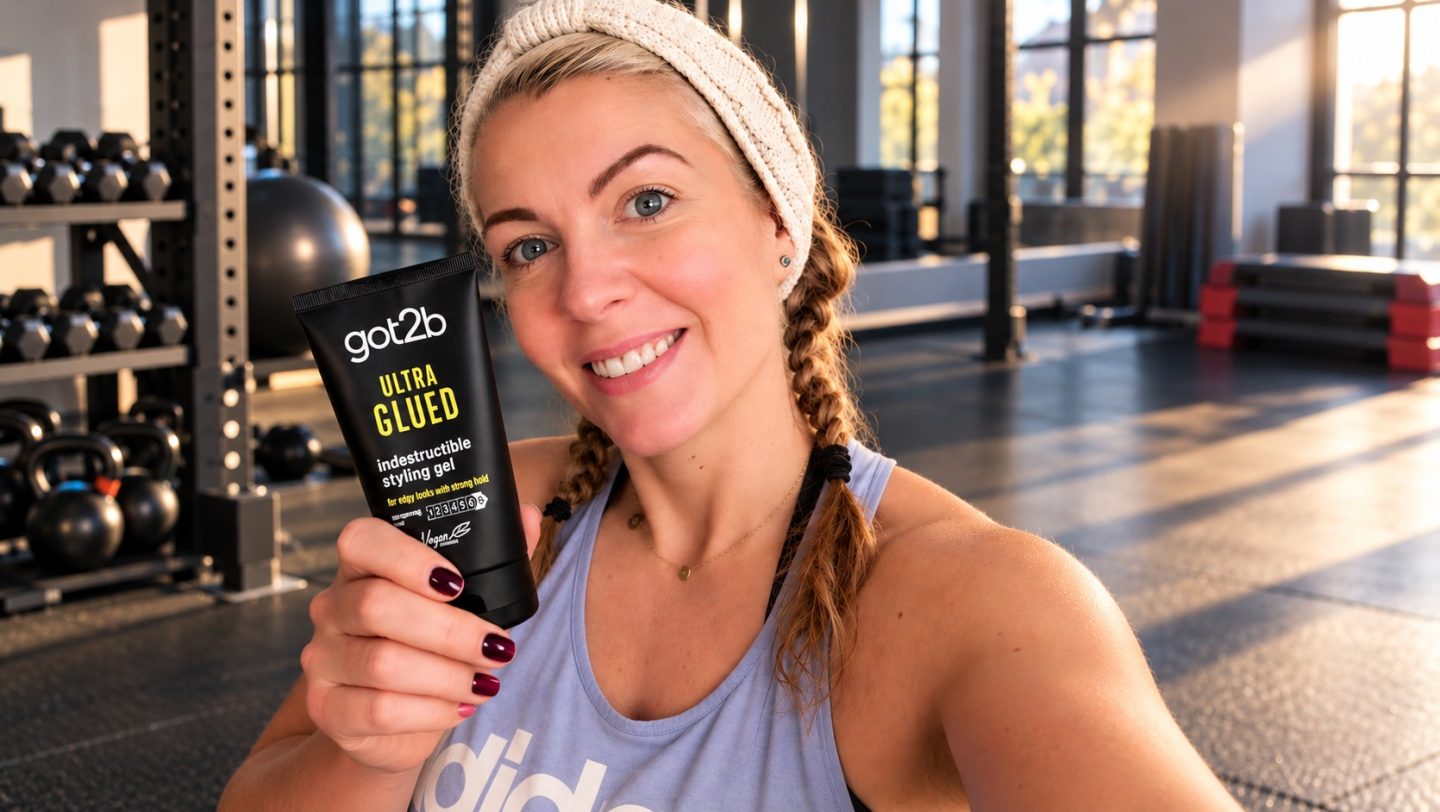 Saffron holding got2b Ultra Glued styling gel in the gym before a Body Combat workout.