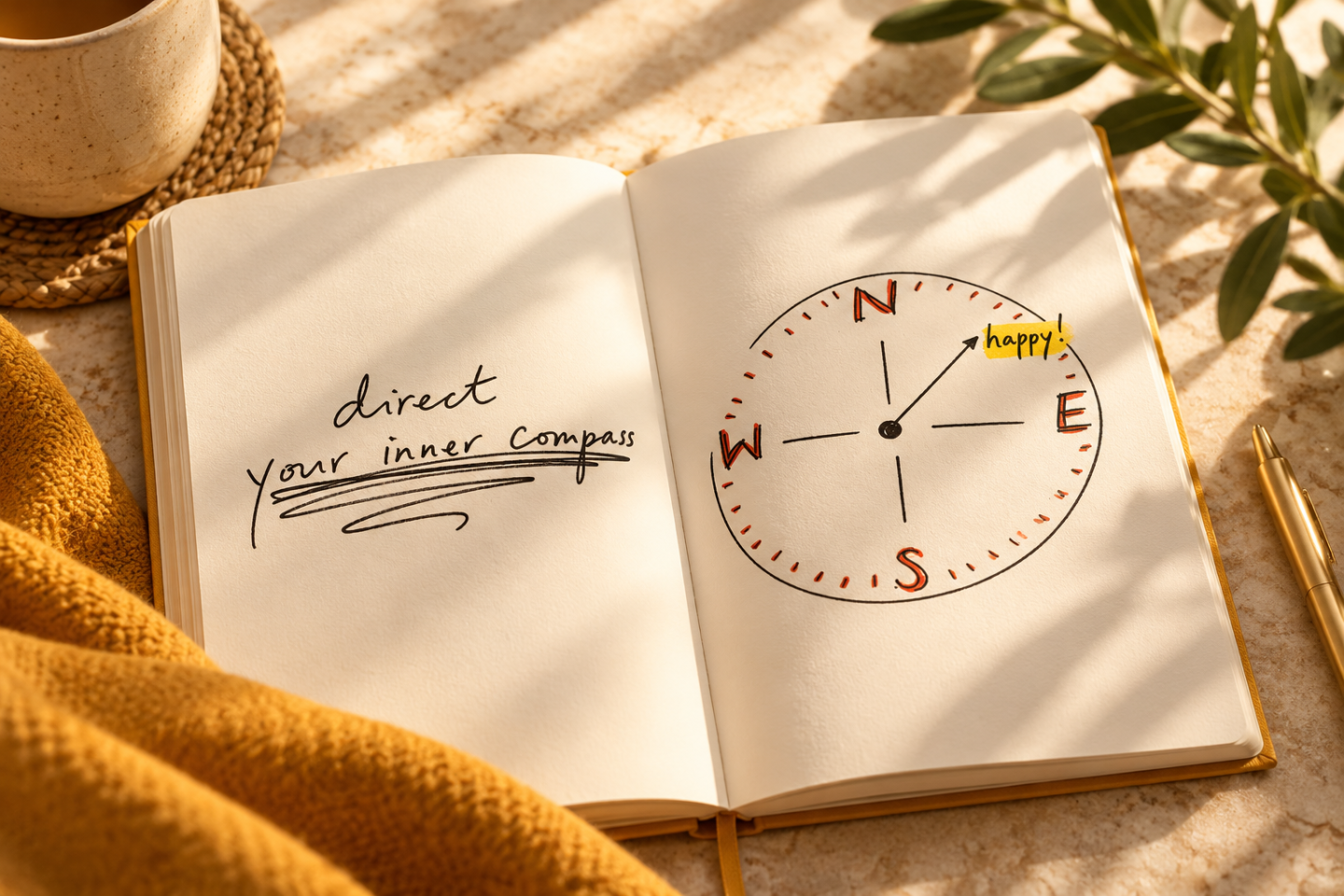 Open journal showing a handwritten message about directing your inner compass beside a compass illustration pointing towards happiness.