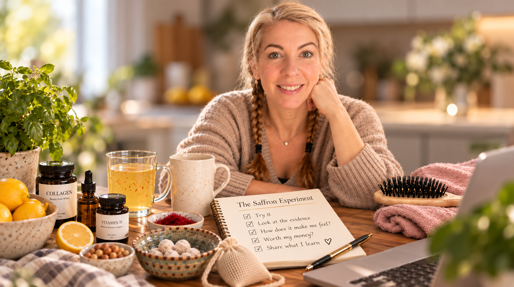 Saffron sitting at her kitchen table with products, a laptop and her Saffron Experiment notebook