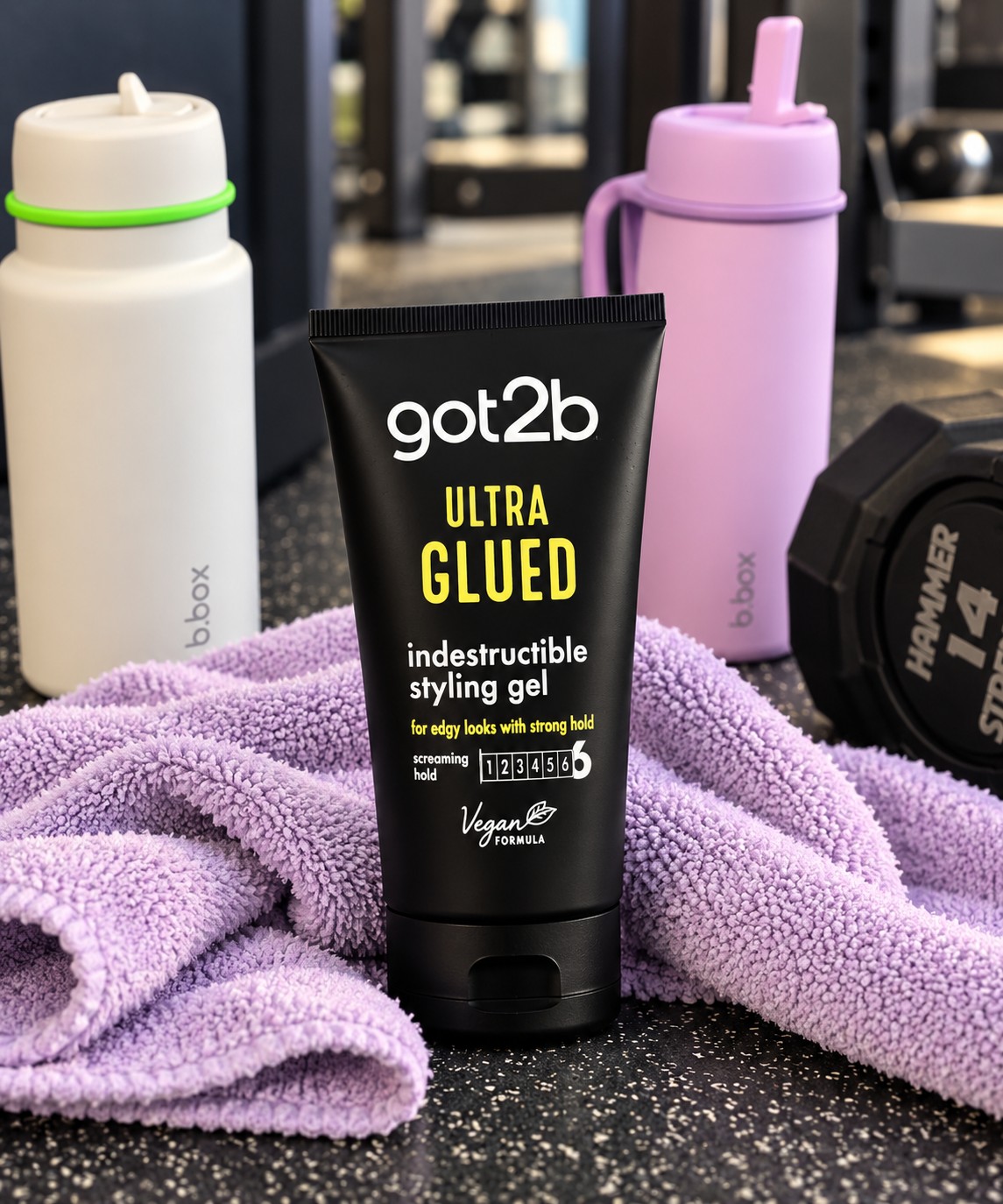 got2b Glued Ultra Styling Hair Gel with gym essentials