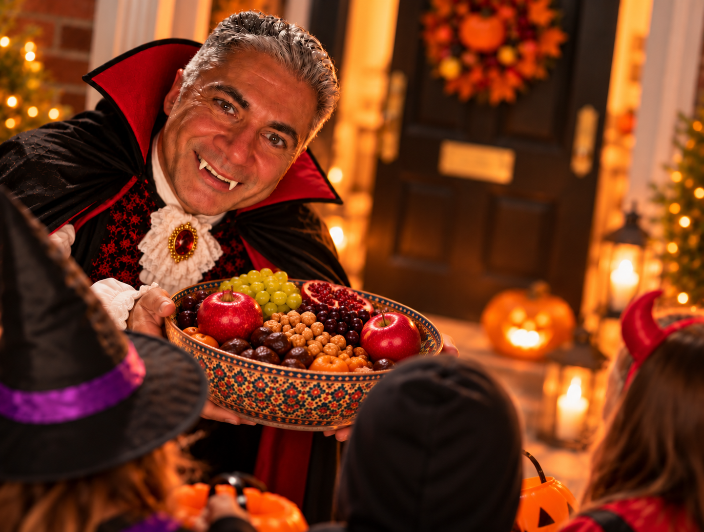 Halloween visitors encountering a Persian-inspired selection of fruit and traditional snacks