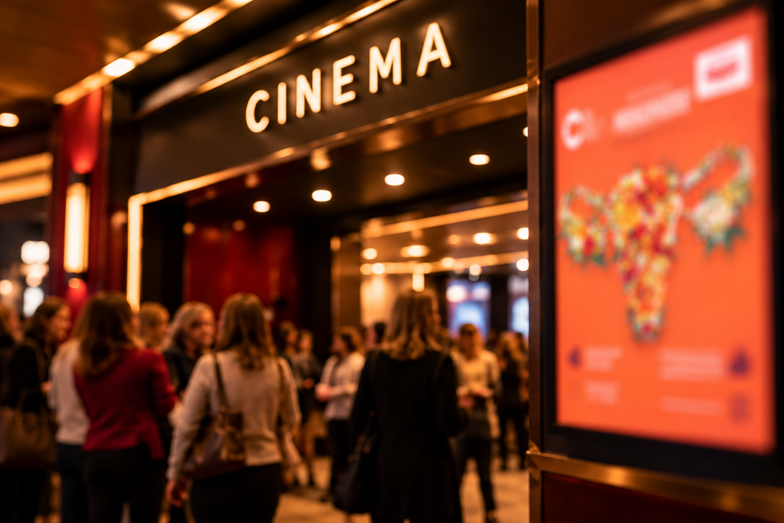 Visitors gathering in a warmly lit cinema lobby for a screening and discussion
