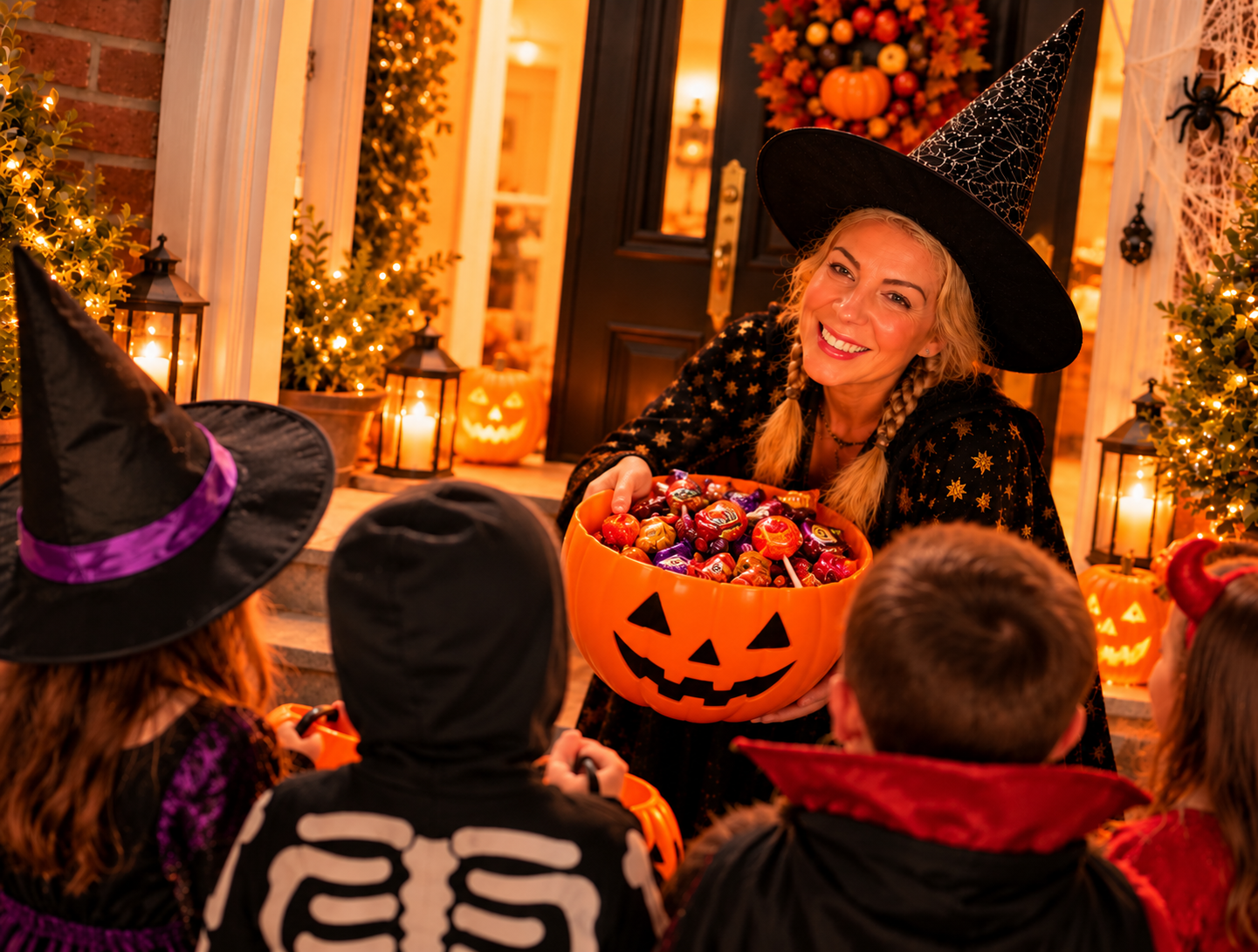 Warmly decorated Halloween doorstep with a selection of traditional treats