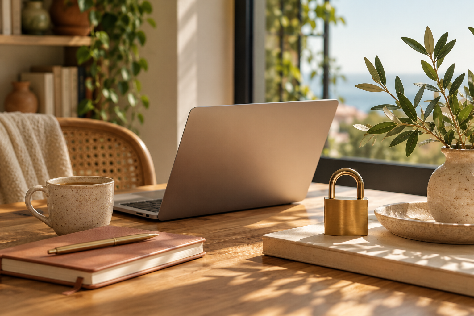 Brass padlock beside a laptop, notebook and coffee on a warm, sunlit desk.