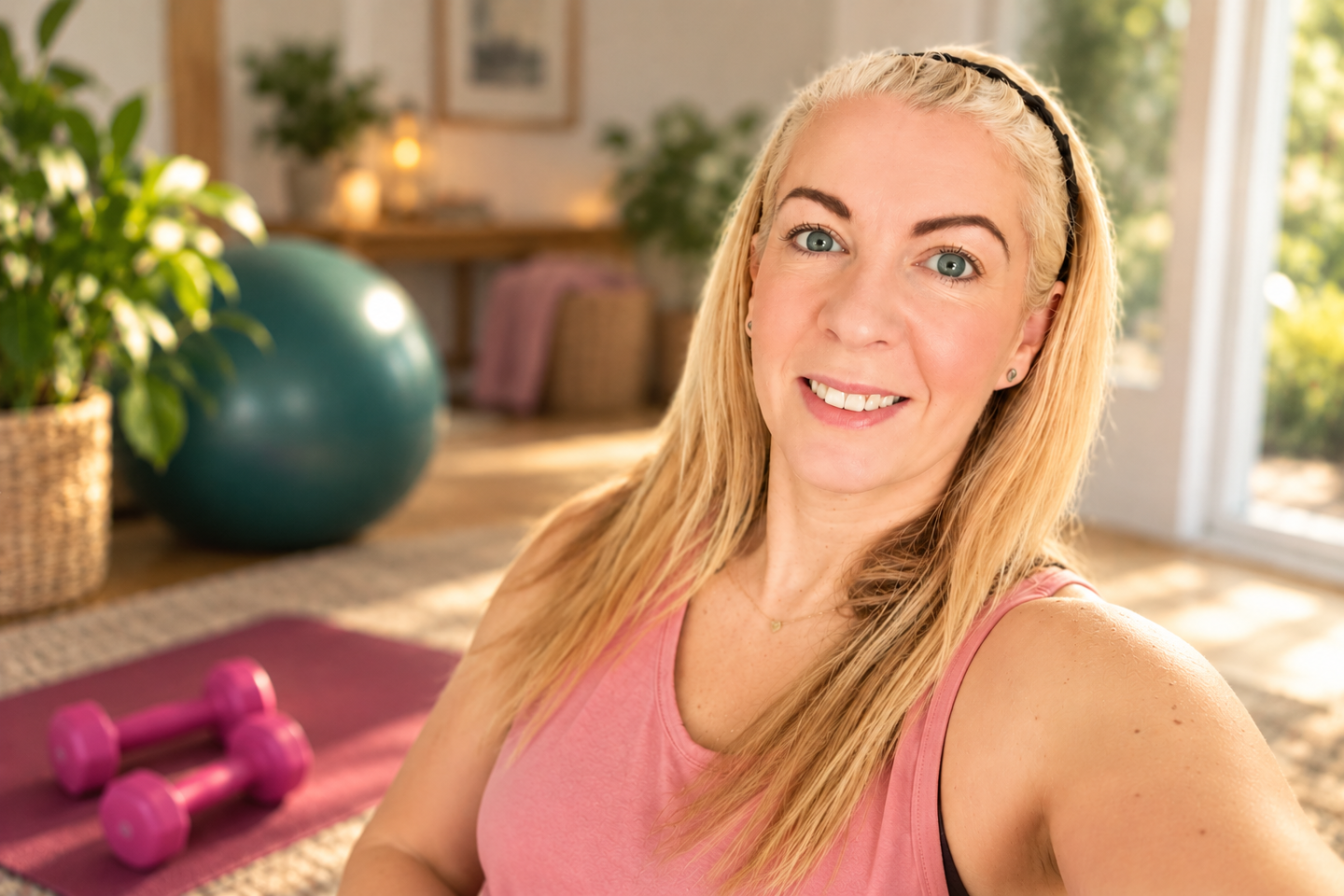Saffron smiling in a pink workout top and black headband, with a teal exercise ball and yoga equipment in the softly blurred background.